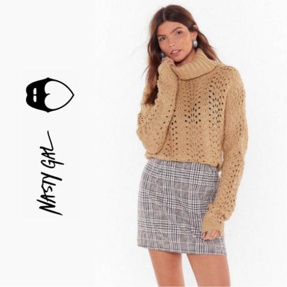 NWT Nasty Gal Camel Pointelle Knit Relaxed Turtleneck Sweater - Large
